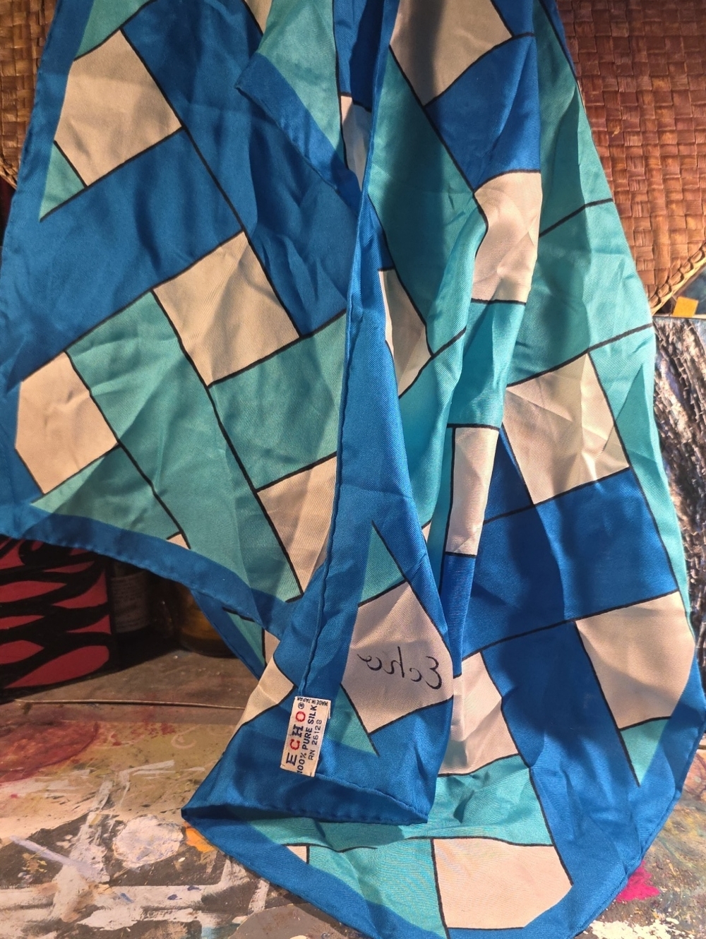 100% Silk Echo Geometric Tile Print Scarf in Blue and White